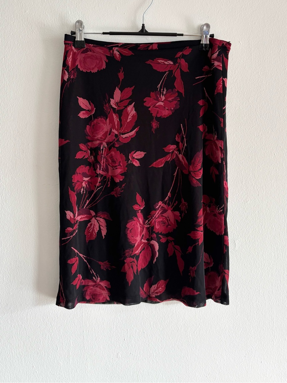 vintage Express black & red floral mesh midi skirt